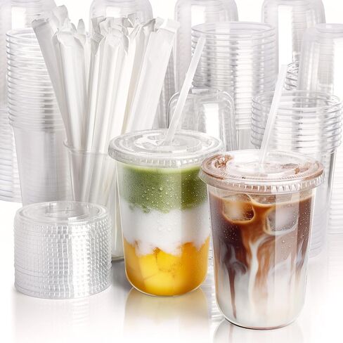 50 Pack 16 oz Round Bottom Plastic Cups with Lids and Straws, Disposable Coffee Cups with Lids, To Go Iced Coffee Cups with Lids, Disposable Cups for Party, Smoothie Cup for Cold Drinks in Saudi Arabia