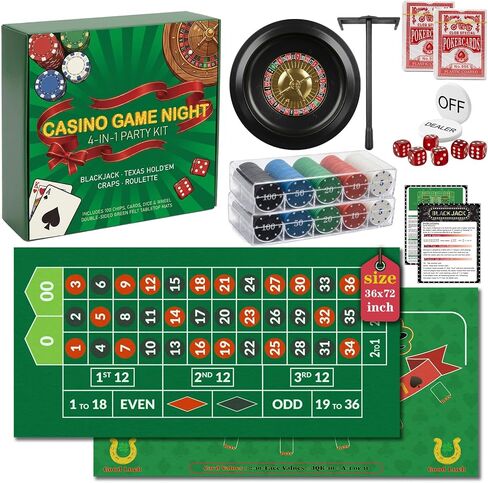 مجموعة ألعاب Casino Night 4 في 1 الكاملة مع سجادتين تخطيطيتين مزدوجتي الجوانب (36 بوصة × 72 بوصة)، وعجلة روليت مقاس 10 بوصة، و200 شريحة، وبطاقة، وزر الموزع، ونرد - تتضمن لعبة بوكر تكساس هولدم، وبلاك جاك، وكرابس in Kuwait