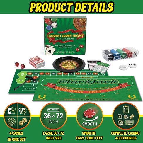 مجموعة ألعاب Casino Night 4 في 1 الكاملة مع سجادتين تخطيطيتين مزدوجتي الجوانب (36 بوصة × 72 بوصة)، وعجلة روليت مقاس 10 بوصة، و200 شريحة، وبطاقة، وزر الموزع، ونرد - تتضمن لعبة بوكر تكساس هولدم، وبلاك جاك، وكرابس in Kuwait