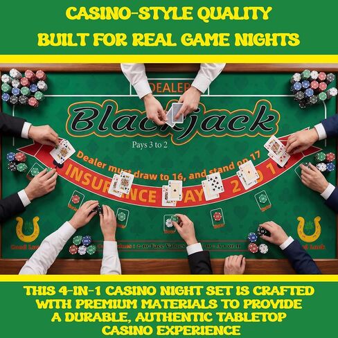 مجموعة ألعاب Casino Night 4 في 1 الكاملة مع سجادتين تخطيطيتين مزدوجتي الجوانب (36 بوصة × 72 بوصة)، وعجلة روليت مقاس 10 بوصة، و200 شريحة، وبطاقة، وزر الموزع، ونرد - تتضمن لعبة بوكر تكساس هولدم، وبلاك جاك، وكرابس in Kuwait