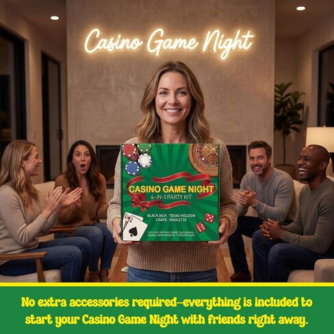 مجموعة ألعاب Casino Night 4 في 1 الكاملة مع سجادتين تخطيطيتين مزدوجتي الجوانب (36 بوصة × 72 بوصة)، وعجلة روليت مقاس 10 بوصة، و200 شريحة، وبطاقة، وزر الموزع، ونرد - تتضمن لعبة بوكر تكساس هولدم، وبلاك جاك، وكرابس in Kuwait