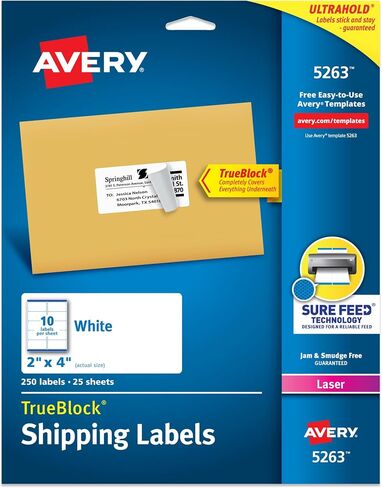 ملصقات شحن قابلة للطباعة من Avery مع تغذية مؤكدة، ملصقات قابلة للتخصيص مقاس 2 × 4 بوصة، بيضاء، 250 ملصق بريدي فارغ، رائعة للبريد والشحن والمزيد (5263)، (عبوة من 5) in Kuwait