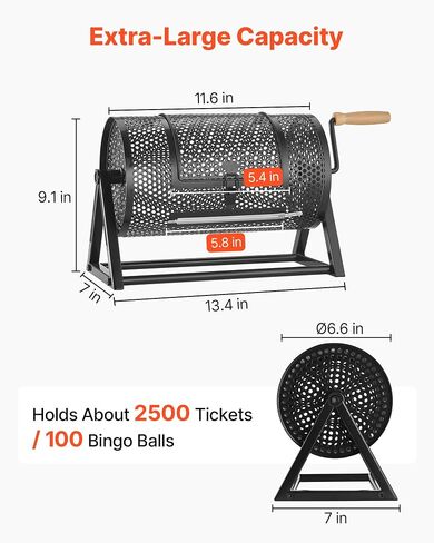 VEVOR Raffle Ticket Spinner, 11.6" x 6.6" Holds 2500 Tickets or 100 Ping Pong Balls, Raffle Drum Lottery Spinning Cage with Reinforced Handle, Stable Triangular Stand, for Events and Gatherings, Black in Kuwait