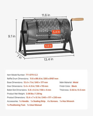 VEVOR Raffle Ticket Spinner, 11.6" x 6.6" Holds 2500 Tickets or 100 Ping Pong Balls, Raffle Drum Lottery Spinning Cage with Reinforced Handle, Stable Triangular Stand, for Events and Gatherings, Black in Kuwait