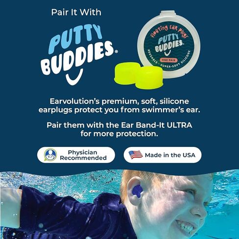 عصابة رأس Earvolution Ear-It Ultra للسباحة (متوسطة، مصبوغة باللون الأزرق) وسدادات أذن من السيليكون العائمة من المعجون (3 عبوات باللون الأزرق/الأصفر/الأخضر) حزمة حماية الأذن المائية للأطفال/الكبار in Kuwait