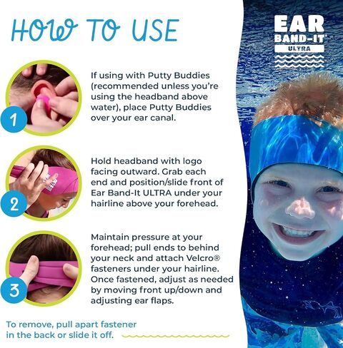 عصابة رأس Earvolution Ear-It Ultra للسباحة (متوسطة، مصبوغة باللون الأزرق) وسدادات أذن من السيليكون العائمة من المعجون (3 عبوات باللون الأزرق/الأصفر/الأخضر) حزمة حماية الأذن المائية للأطفال/الكبار in Kuwait