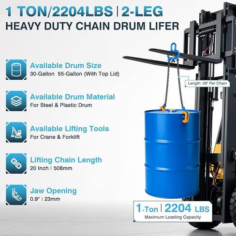 IRONWALLS Chain Drum Lifter with 2200 LBS / 1 Ton Capacity, Drum Lifter Chain Sling with 2 Self-Locking Hooks, for 30 & 55 Gallon Metal/Plastic Drums Barrels, Fits for Crane Hoist, Forklift in Saudi Arabia