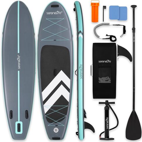 SereneLife 10’ Inflatable Stand Up Paddle Board with Premium SUP Accessories - Wide Stable Design with Non-Slip EVA Deck Pad, for Youth and Adults, 350 lbs. Capacity in Kuwait