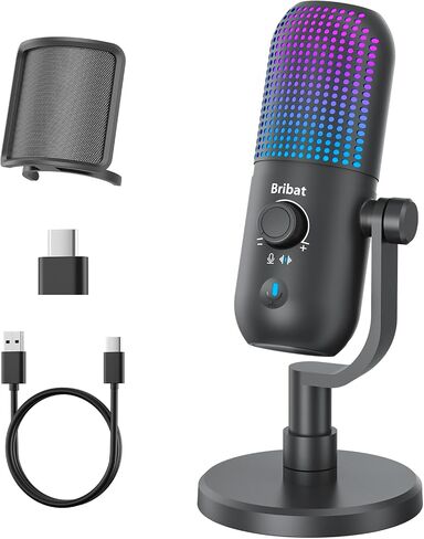 ميكروفون USB لألعاب الكمبيوتر والبث والبودكاست، توصيل وتشغيل ميكروفون سطح المكتب RGB مع كتم صوت بلمسة واحدة، ميكروفون كمبيوتر يعمل على إلغاء الضوضاء القلبية للتويتش، يوتيوب، التسجيل على الكمبيوتر الشخصي والكمبيوتر المحمول (أسود) in Kuwait