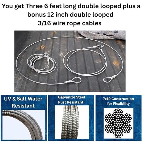 3/16" Steel Cable with Loops – 3 Pack of 6 ft Double-Looped Galvanized Utility Cables + Bonus 12" Loop for Equipment Tethering, Farm, Fence Repair & Workshop Use in Kuwait