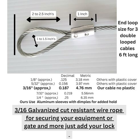 3/16" Steel Cable with Loops – 3 Pack of 6 ft Double-Looped Galvanized Utility Cables + Bonus 12" Loop for Equipment Tethering, Farm, Fence Repair & Workshop Use in Kuwait