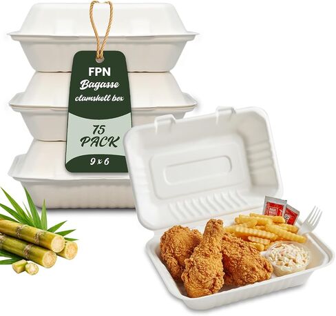 FPN 3 Compartment Clamshell Takeout Boxes 9x9 – 75 Pack Heavy-Duty Compostable Sugarcane Bagasse Food To Go Containers | Microwave Safe Disposable Meal Prep & Restaurant Packaging in Kuwait