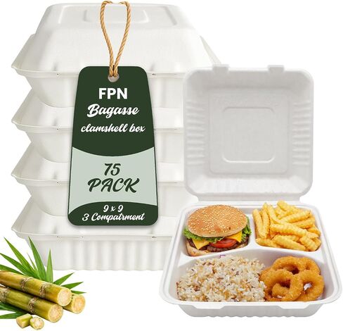 FPN 3 Compartment Clamshell Takeout Boxes 9x9 – 75 Pack Heavy-Duty Compostable Sugarcane Bagasse Food To Go Containers | Microwave Safe Disposable Meal Prep & Restaurant Packaging in Kuwait