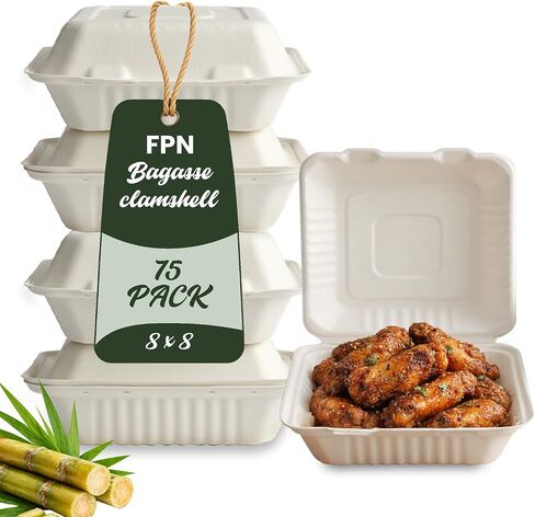 FPN 3 Compartment Clamshell Takeout Boxes 9x9 – 75 Pack Heavy-Duty Compostable Sugarcane Bagasse Food To Go Containers | Microwave Safe Disposable Meal Prep & Restaurant Packaging in Kuwait