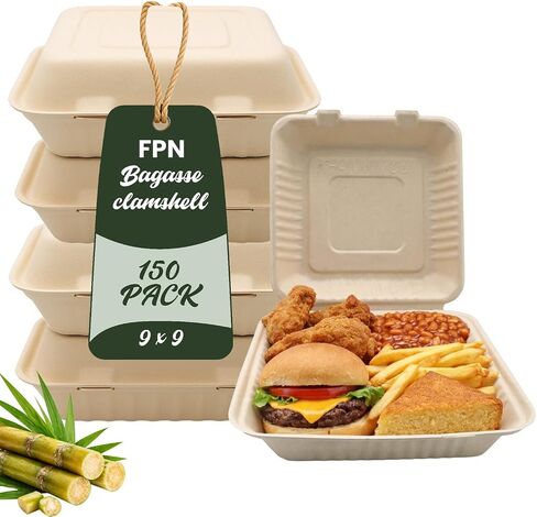 FPN 3 Compartment Clamshell Takeout Boxes 9x9 – 75 Pack Heavy-Duty Compostable Sugarcane Bagasse Food To Go Containers | Microwave Safe Disposable Meal Prep & Restaurant Packaging in Kuwait