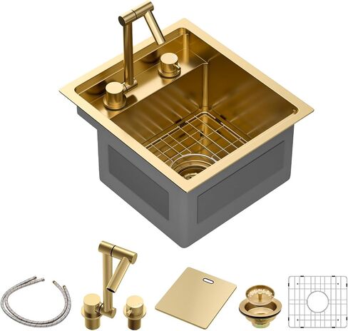Sarlai بالوعة في الهواء الطلق، 15x17 بوصة الذهب Undermount محطة بالوعة المطبخ مع شريط صنبور قابل للطي الإعدادية وعاء واحد الذهب أحواض المطبخ 16 قياس أحواض الشواء الفولاذ المقاوم للصدأ مع غطاء 15 "x17" x9" in Kuwait