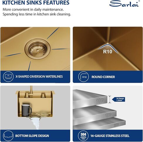 Sarlai بالوعة في الهواء الطلق، 15x17 بوصة الذهب Undermount محطة بالوعة المطبخ مع شريط صنبور قابل للطي الإعدادية وعاء واحد الذهب أحواض المطبخ 16 قياس أحواض الشواء الفولاذ المقاوم للصدأ مع غطاء 15 "x17" x9" in Kuwait