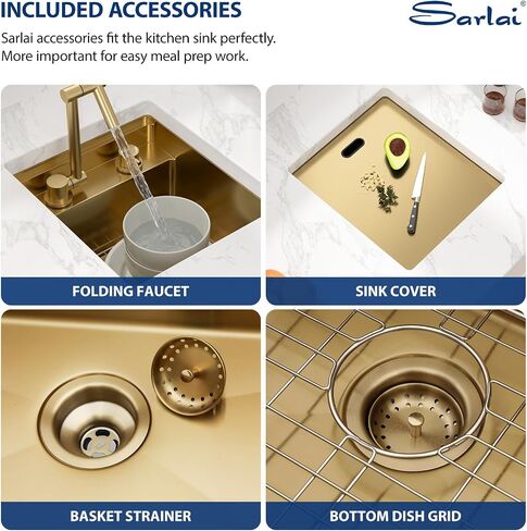 Sarlai بالوعة في الهواء الطلق، 15x17 بوصة الذهب Undermount محطة بالوعة المطبخ مع شريط صنبور قابل للطي الإعدادية وعاء واحد الذهب أحواض المطبخ 16 قياس أحواض الشواء الفولاذ المقاوم للصدأ مع غطاء 15 "x17" x9" in Kuwait