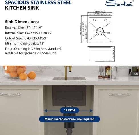 Sarlai بالوعة في الهواء الطلق، 15x17 بوصة الذهب Undermount محطة بالوعة المطبخ مع شريط صنبور قابل للطي الإعدادية وعاء واحد الذهب أحواض المطبخ 16 قياس أحواض الشواء الفولاذ المقاوم للصدأ مع غطاء 15 "x17" x9" in Kuwait
