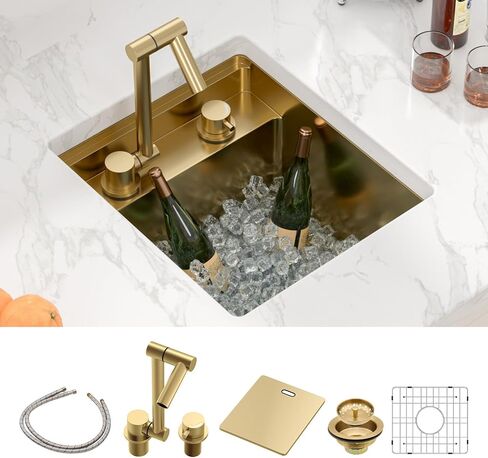 Sarlai بالوعة في الهواء الطلق، 15x17 بوصة الذهب Undermount محطة بالوعة المطبخ مع شريط صنبور قابل للطي الإعدادية وعاء واحد الذهب أحواض المطبخ 16 قياس أحواض الشواء الفولاذ المقاوم للصدأ مع غطاء 15 "x17" x9" in Kuwait