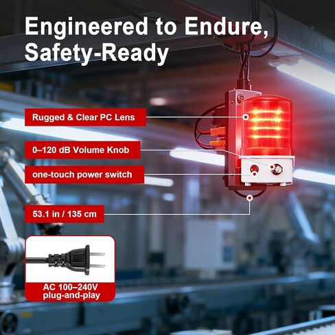 ضوء صفارة تحذير دوار LED صناعي، أحمر 0-120 ديسيبل مع صفارة، جهد عريض 100-240 فولت تيار متردد، 4 وات ABS IP65 مقاوم للماء، ضوء إشارة إنذار مثبت على الترباس لحركة المرور والبناء والمصنع (أحمر) in Kuwait