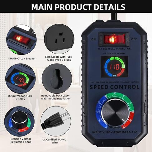 Upgraded AC Motor Speed Controller with Large LED Percentage Display, 120V 15A Variable Speed Regulator with Overload Protection, Stepless Control for Router, Fan, and Inline Duct Fans in Kuwait