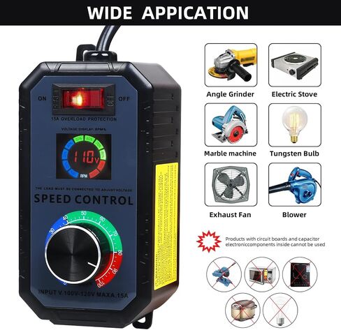 Upgraded AC Motor Speed Controller with Large LED Percentage Display, 120V 15A Variable Speed Regulator with Overload Protection, Stepless Control for Router, Fan, and Inline Duct Fans in Kuwait