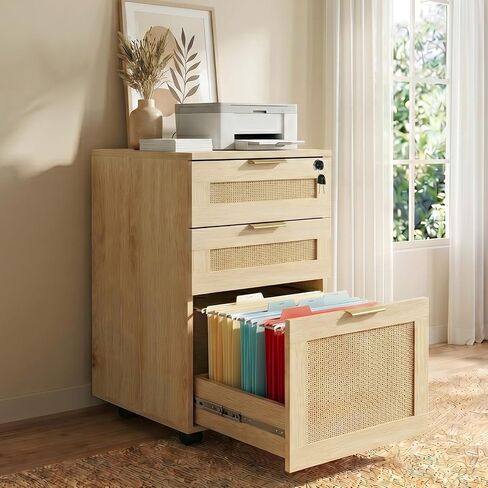 HOPUBUY 3 Drawer File Cabinet with Lock, Rattan File Cabinets with Wheels, Small Filing Cabinet for Hanging A4/Letter/Legal/F4, Rolling Wood Filing Cabinets for Under Desk Home Office, Oak in Kuwait