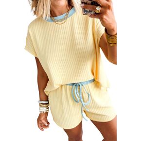 Ecosunny Womens 2 Piece Lounge Sets Matching Sets Soft Ribbed Color Block Trim Casual Short Set Sweatsuit with Pockets in Saudi Arabia
