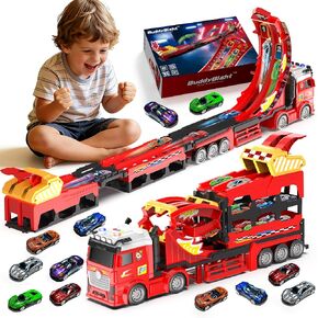3in1 Carrier Truck Race Track Toddler Toys, Carrier Toy Truck w/45 Inch Foldable Race Track, 12 Die Cast Cars Toys for Ages 2-4, Semi Truck Toy w/Light & Sound, Kids Play Cars & Race Car Toys for Kids in Saudi Arabia