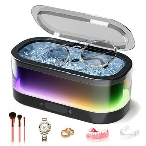 Ultrasonic Jewelry Cleaner with RGB Ambient Light, 48KHz Ultrasonic Cleaner for Jewelry, Glasses, Retainers, Dentures, Rings & Watches, 350ML SUS304 Stainless Steel Cleaning Machine, Black in Kuwait