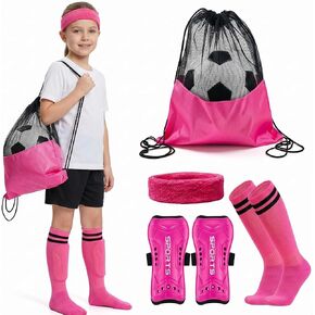 6Pcs Soccer Shin Guards and Socks Set Protective Soccer Shin Pads Long Soccer Socks Headband Ball Bag for 3-5 Boys Girls Training Matches(Pink) in Kuwait