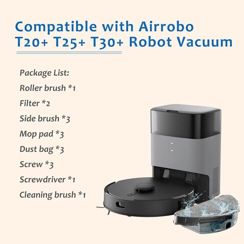 قطع غيار متوافقة مع المكنسة الكهربائية الروبوتية Airrobo T20+ T25+ T30+ T25+C، مجموعة الملحقات تتضمن فرشاة دوارة واحدة، 2 مرشحات، 3 فرش جانبية، 3 أكياس غبار، 3 وسادات ممسحة وفرشاة تنظيف واحدة in Kuwait