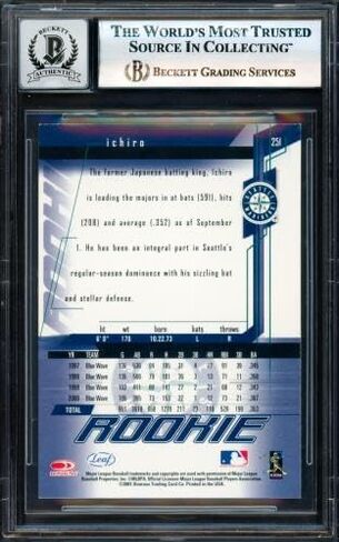 إيشيرو سوزوكي موقعة 2001 Leaf Rookies & Stars Rookie Card # 251 Seattle Mariners Auto Grade Gem Mint 10 Beckett BAS # 17830094 - بطاقات البيسبول الموقعة من MLB in Kuwait
