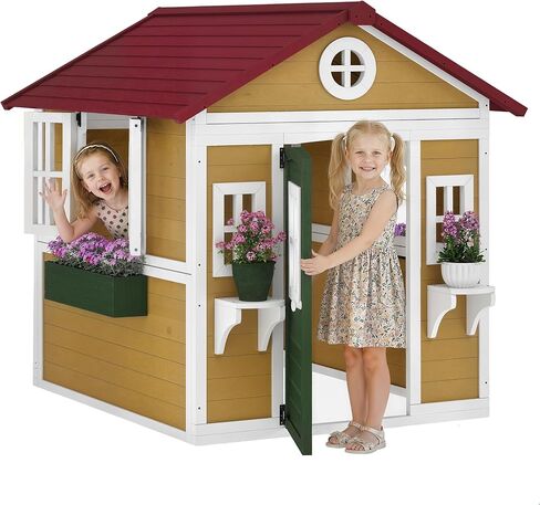 Outsunny Outdoor Kids Playhouse ، Wooden Playhouse مع الأبواب والنوافذ وأواني الغراس والصناديق للأطفال الصغار 3-8 سنوات ، منزل Play Cottage للبخار الخلفي ، Beige in Kuwait