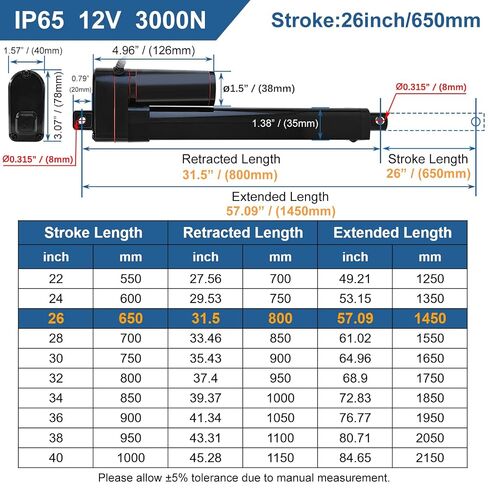 26 Inch 26" Long Stroke 660lbs/3000N Speed 5mm/s Heavy Duty IP65 Waterproof Linear Actuator 12V Electric Actuator with Mounting Brackets in Kuwait