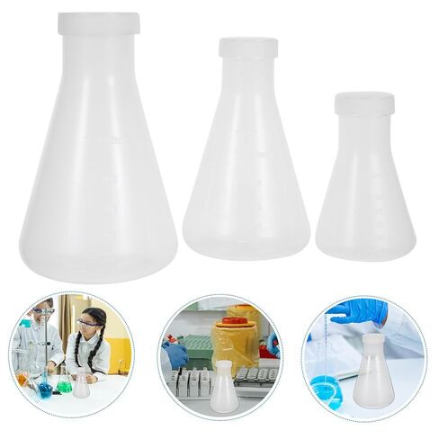 3 قطعة مجموعة دورق Erlenmeyer البلاستيكية مع الأغطية 100/250/500 مللي دورق مختبر مخروطي لمستلزمات تجربة الكيمياء in Kuwait