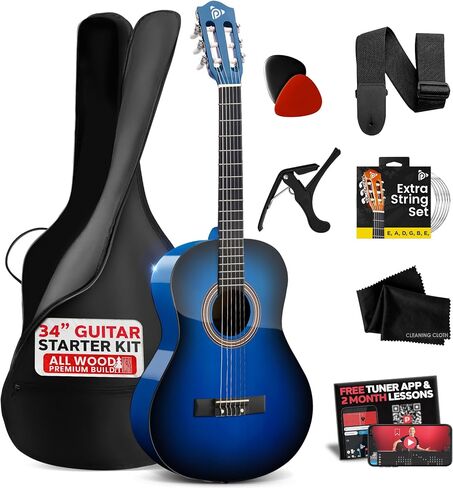 Pyle Beginner Acoustic Guitar Kit, 1/2 Junior Size All Wood Build Nylon String Instrument with Capo, Strap, Extra String Set, Gig Bag, Guitars for Beginners Adults Youth, 34" Blue Burst Gloss in Saudi Arabia