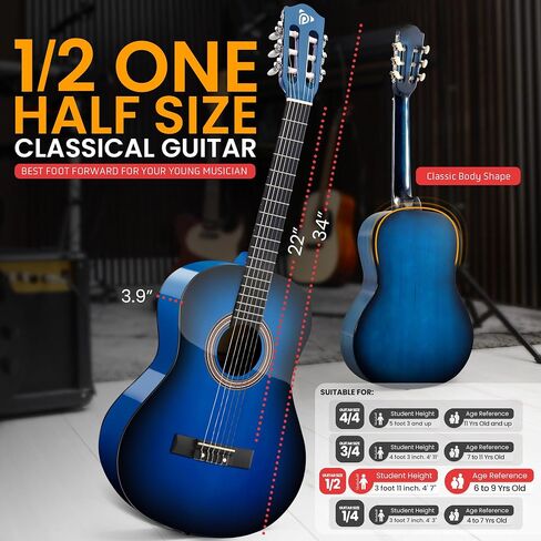 Pyle Beginner Acoustic Guitar Kit, 1/2 Junior Size All Wood Build Nylon String Instrument with Capo, Strap, Extra String Set, Gig Bag, Guitars for Beginners Adults Youth, 34" Blue Burst Gloss in Saudi Arabia