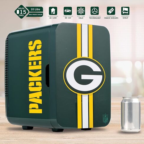 Ukonic NFL Green Bay Packers 15-Can ثلاجة صغيرة 10L AC/DC تعمل بالطاقة، ألوان الفريق الرسمية وشعار، مبرد محمول للبوابات الخلفية، المنزل، المكتب، أو السيارة in Kuwait