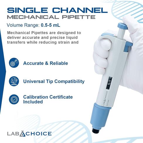 LabChoice Single Channel Mechanical Micropipette - Ergonomic, 0.5-5ml Adjustable Volume, Autoclavable Lower Section in Kuwait