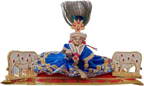 Generic مجموعة Laddu Gopal Ji Ka Saman Combo من النحاس Laddo Gopal رقم 2 مع فستان Mukut Mala Dress Laddu Gopal Ji Ka Saman مع Bansuri for God Krishna Blue in Kuwait