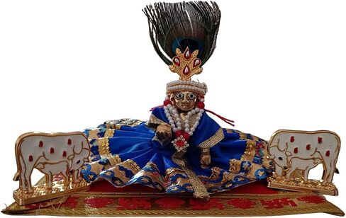 Generic مجموعة Laddu Gopal Ji Ka Saman Combo من النحاس Laddo Gopal رقم 2 مع فستان Mukut Mala Dress Laddu Gopal Ji Ka Saman مع Bansuri for God Krishna Blue in Kuwait