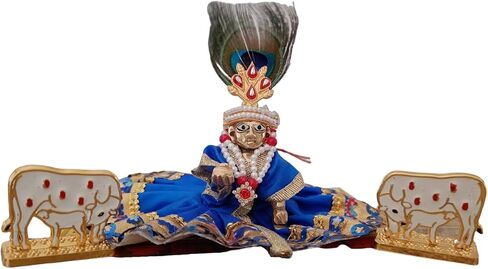Generic مجموعة Laddu Gopal Ji Ka Saman Combo من النحاس Laddo Gopal رقم 2 مع فستان Mukut Mala Dress Laddu Gopal Ji Ka Saman مع Bansuri for God Krishna Blue in Kuwait