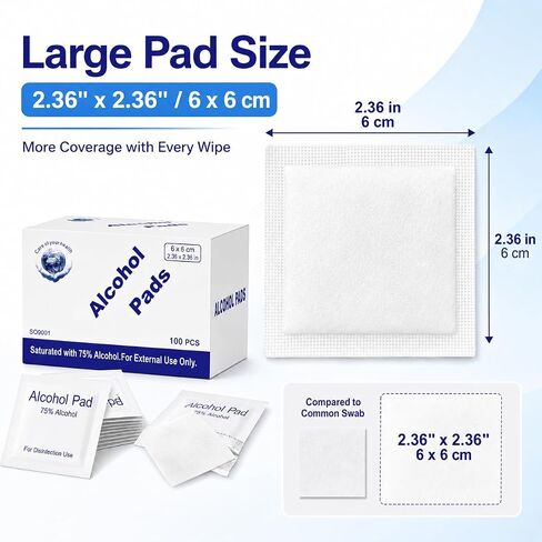 Alcohol Prep Pads, 75% Alcohol Cotton Slices, 100 Pcs Gauze Pads Individually Wrapped Swap Pad Wet Wipe, 6 x 6cm/2.36in x 2.36in in Kuwait