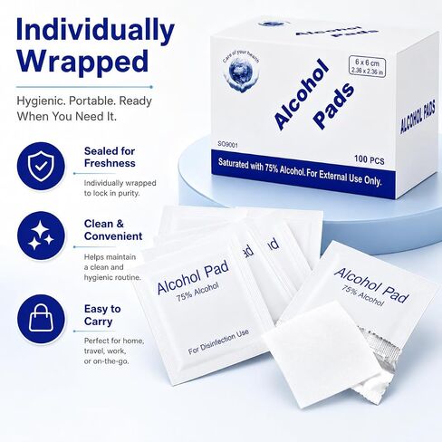 Alcohol Prep Pads, 75% Alcohol Cotton Slices, 100 Pcs Gauze Pads Individually Wrapped Swap Pad Wet Wipe, 6 x 6cm/2.36in x 2.36in in Kuwait