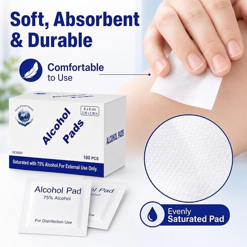 Alcohol Prep Pads, 75% Alcohol Cotton Slices, 100 Pcs Gauze Pads Individually Wrapped Swap Pad Wet Wipe, 6 x 6cm/2.36in x 2.36in in Kuwait