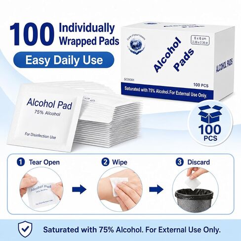 Alcohol Prep Pads, 75% Alcohol Cotton Slices, 100 Pcs Gauze Pads Individually Wrapped Swap Pad Wet Wipe, 6 x 6cm/2.36in x 2.36in in Kuwait
