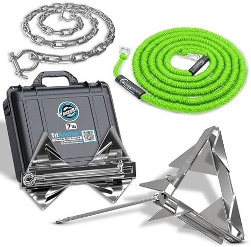 WAVESRX 7lb TriAnchor + سلسلة مرساة من الفولاذ المقاوم للصدأ بطول 5 أقدام + خط بنجي مرساة بطول 14 قدمًا (14 قدمًا - 50 بوصة) | رسو بدون جهد للزلاجات النفاثة وPWC | تصميم فريد قابل للطي مع حقيبة للتخزين in Kuwait