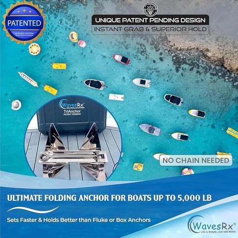 WAVESRX 7lb TriAnchor + سلسلة مرساة من الفولاذ المقاوم للصدأ بطول 5 أقدام + خط بنجي مرساة بطول 14 قدمًا (14 قدمًا - 50 بوصة) | رسو بدون جهد للزلاجات النفاثة وPWC | تصميم فريد قابل للطي مع حقيبة للتخزين in Kuwait